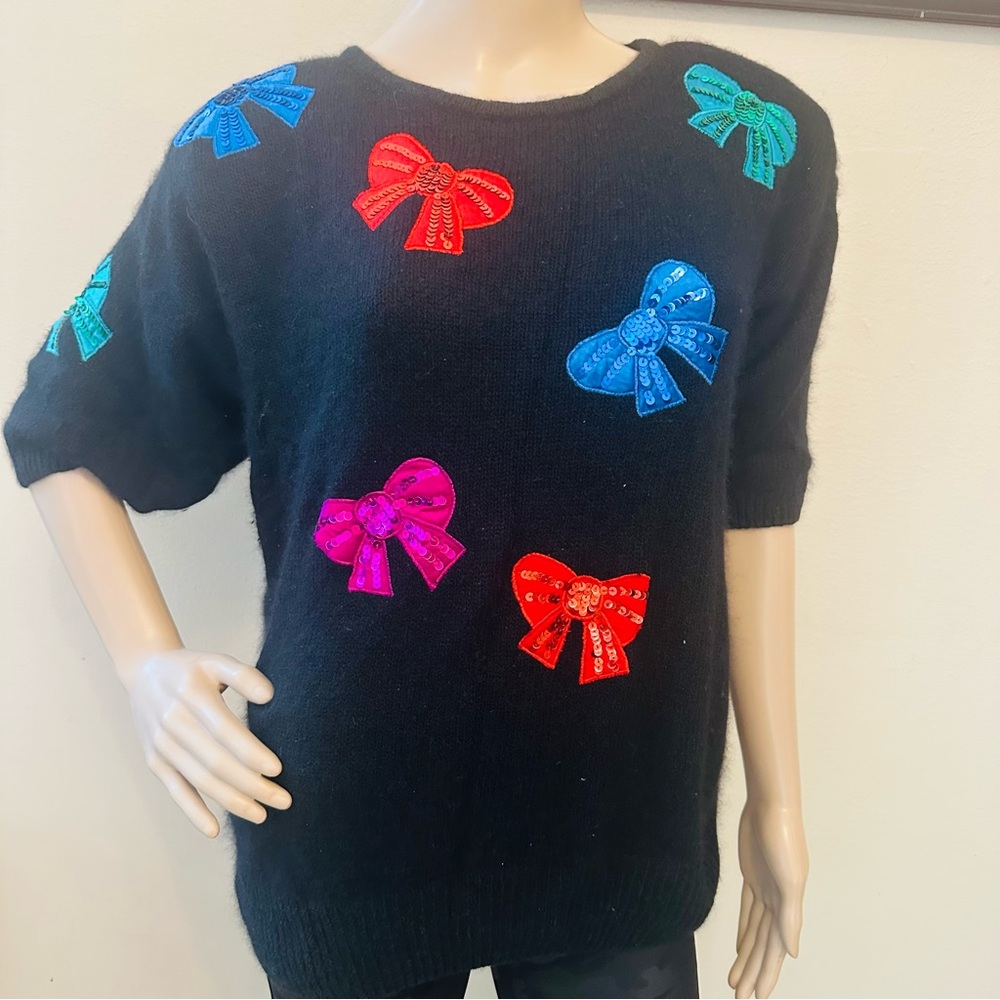 Vintage Black Sweater with Colorful Bow Appliques
